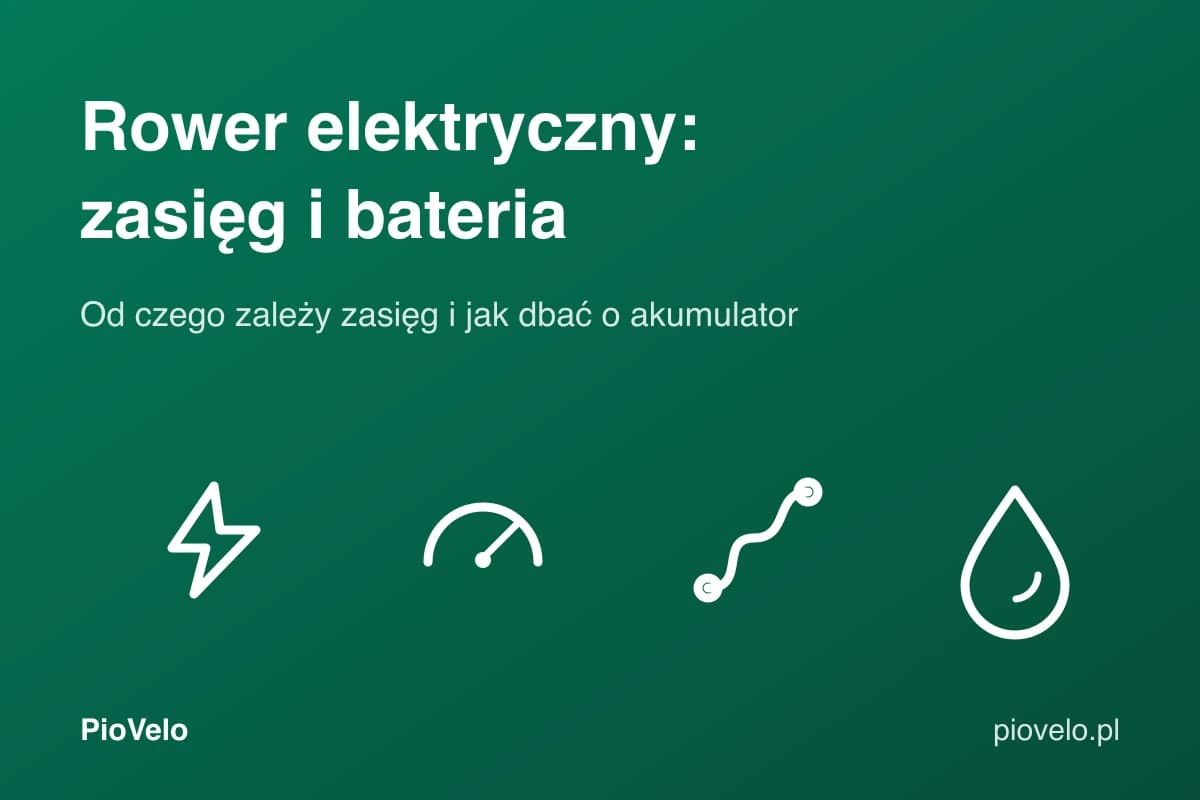 Rower elektryczny, zasięg i bateria, grafika z symbolem energii, licznikiem, trasą i kroplą