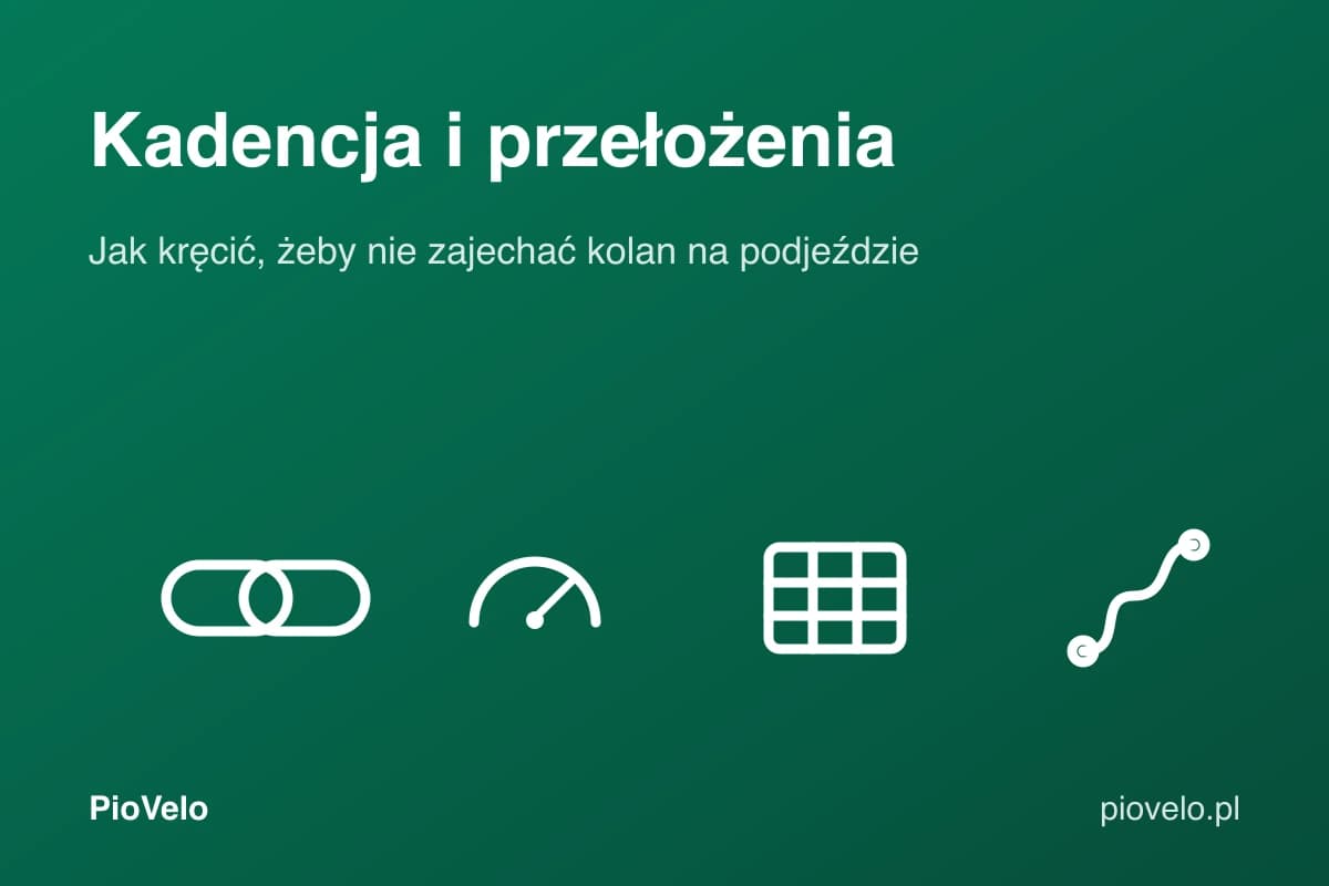 Kadencja i przełożenia, grafika z ogniwami łańcucha, licznikiem, tabelą i trasą