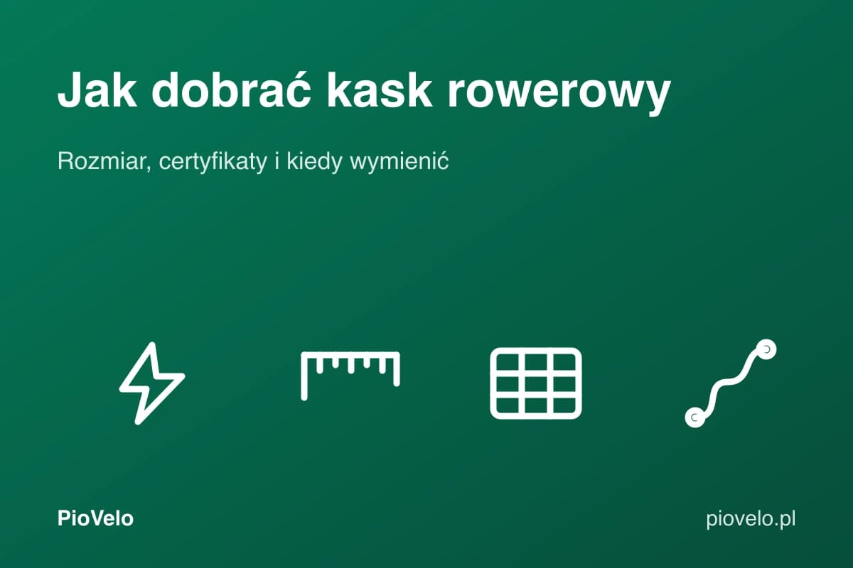 Jak dobrać kask rowerowy, grafika z symbolem ochrony, miarką, tabelą i trasą