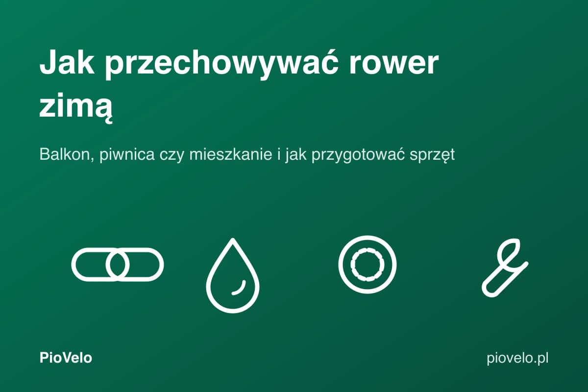 Jak przechowywać rower zimą, grafika z ogniwami łańcucha, kroplą, oponą i kluczem