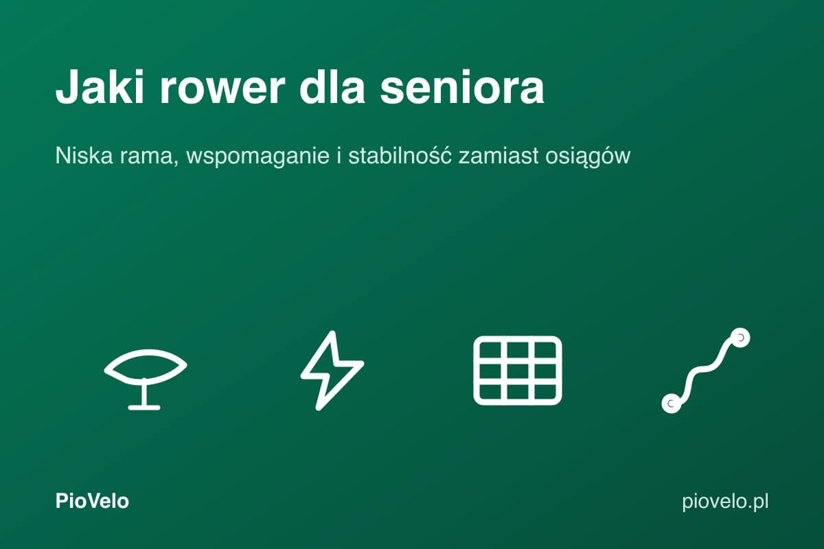 Jaki rower dla seniora, grafika z siodełkiem, symbolem wspomagania, tabelą i trasą