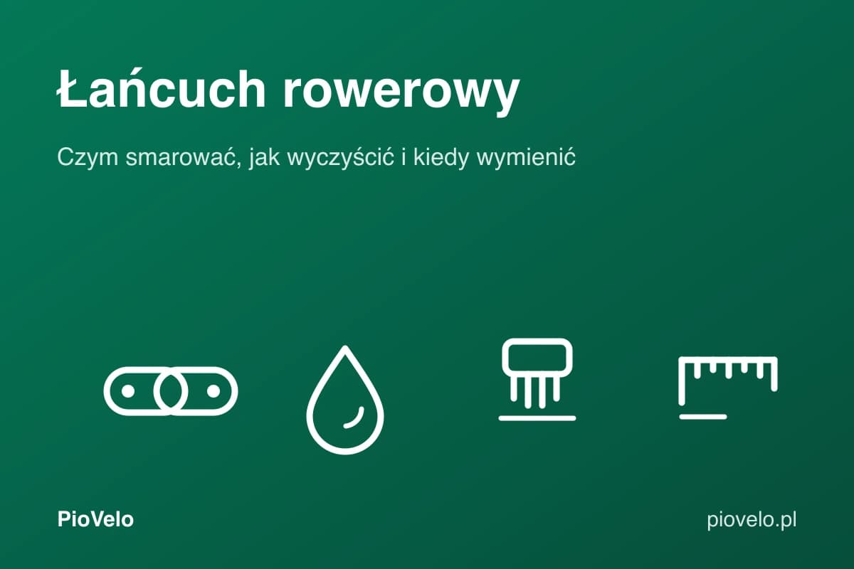 Łańcuch rowerowy, grafika z ogniwami łańcucha, kroplą oleju, szczotką i miarką
