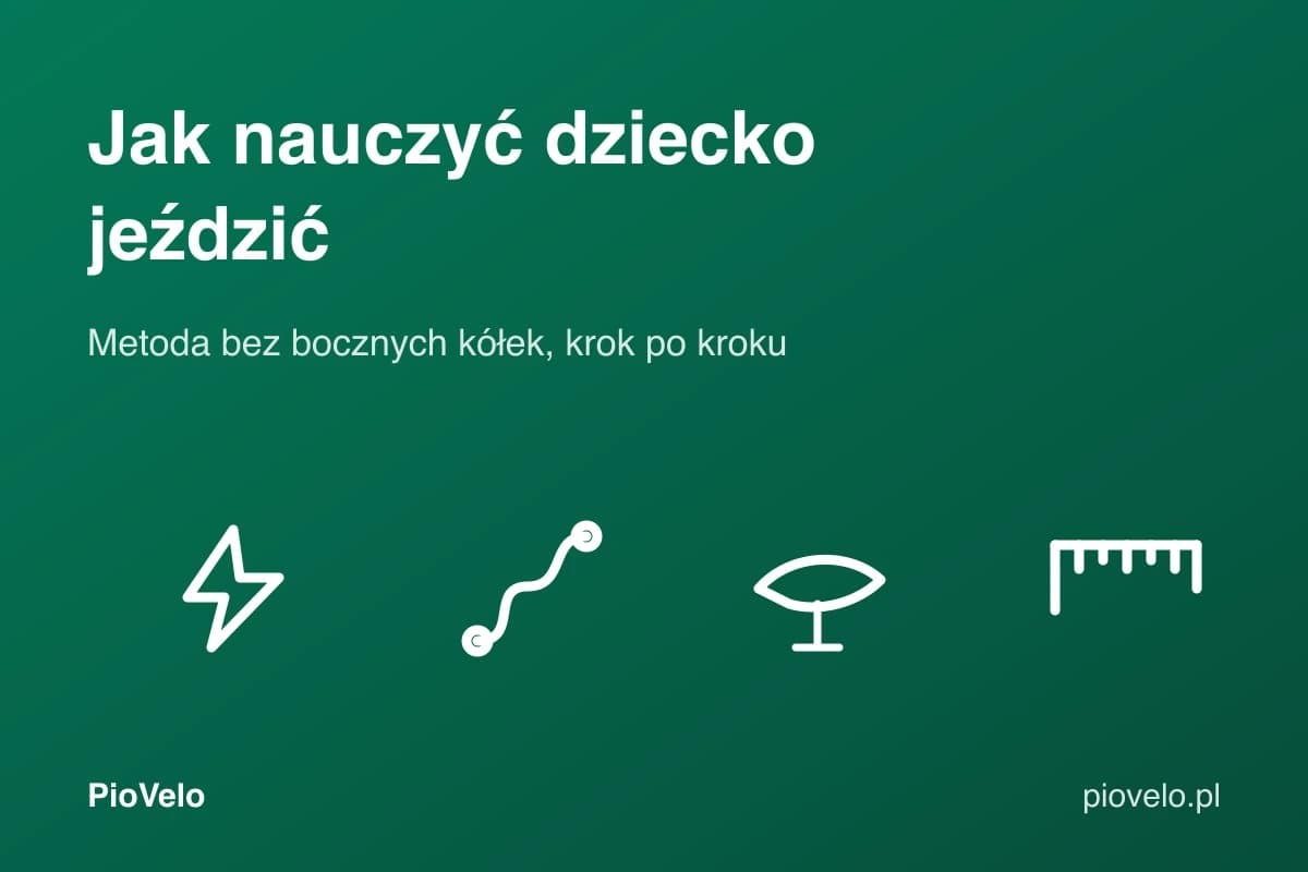 Jak nauczyć dziecko jeździć na rowerze, grafika z symbolem równowagi, trasą, siodełkiem i miarką