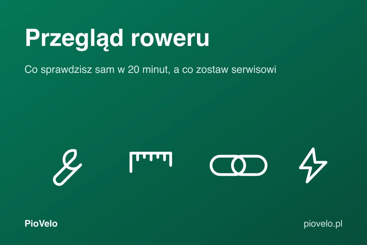 Przegląd roweru, grafika z kluczem, miarką, ogniwami łańcucha i śrubą