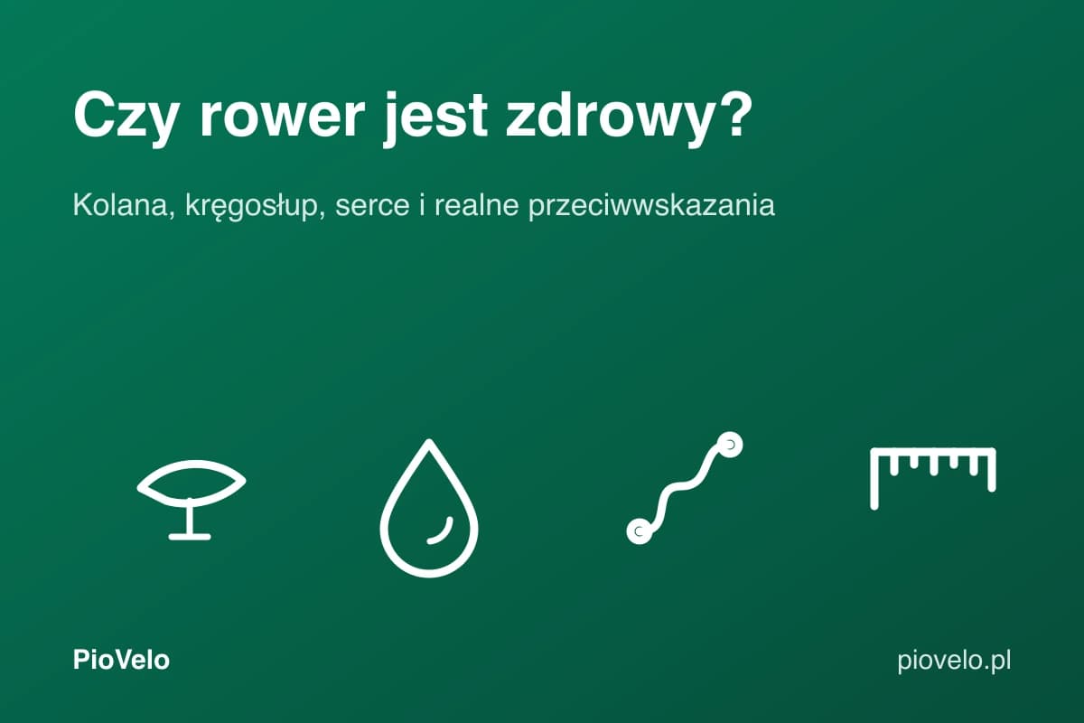 Czy jazda na rowerze jest zdrowa, grafika z siodełkiem, kroplą potu, profilem trasy i miarką